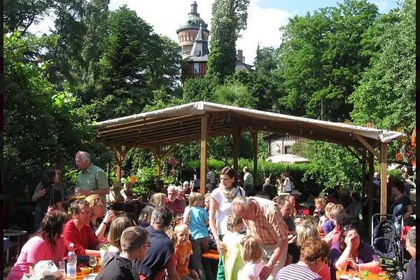 People celebrating in the courtyard