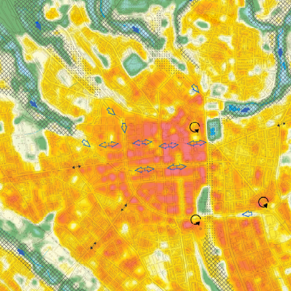 Ausschnitt aus einem Stadtplan in dem mittig viele Flächen rot und orange bis gelb sind, Parks am Bildrand sind grün und Gewässer blau.