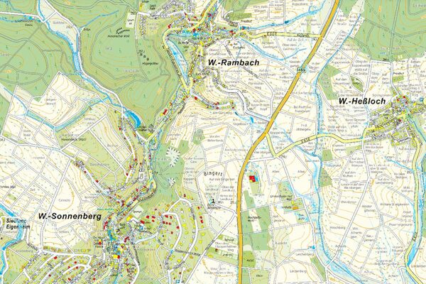 Ausschnitt eines Stadtplans von Wiesbaden, neben Straßen, Fließgewässern und Namen von Ortsteilen (Rambach, Sonnenberg und Heßloch) sind viele Flächen grün.