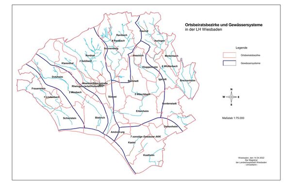 Übersichtskarte von Wiesbaden, Ortsbezirke sind rot umrandet, Gewässersysteme sind blau umrandet und Bäche hellblau eingezeichnet.