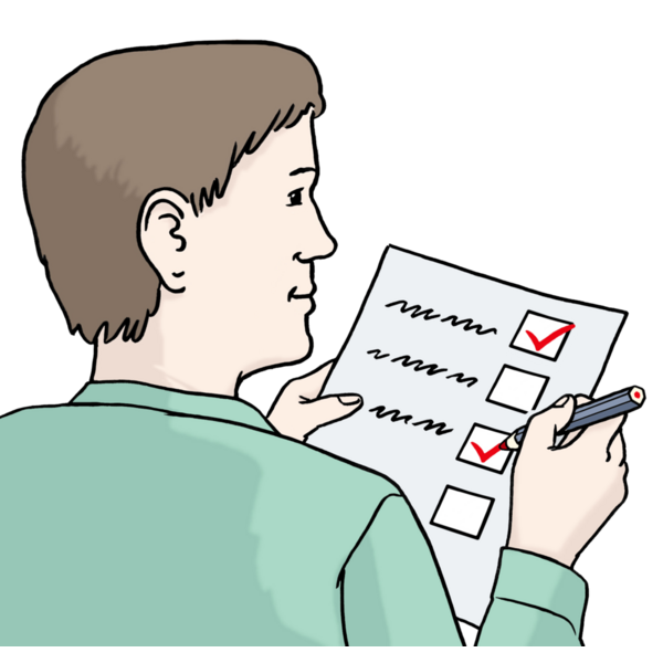 Ein Mensch hat eine Checkliste in der Hand und macht Haken an einzelne Positionen