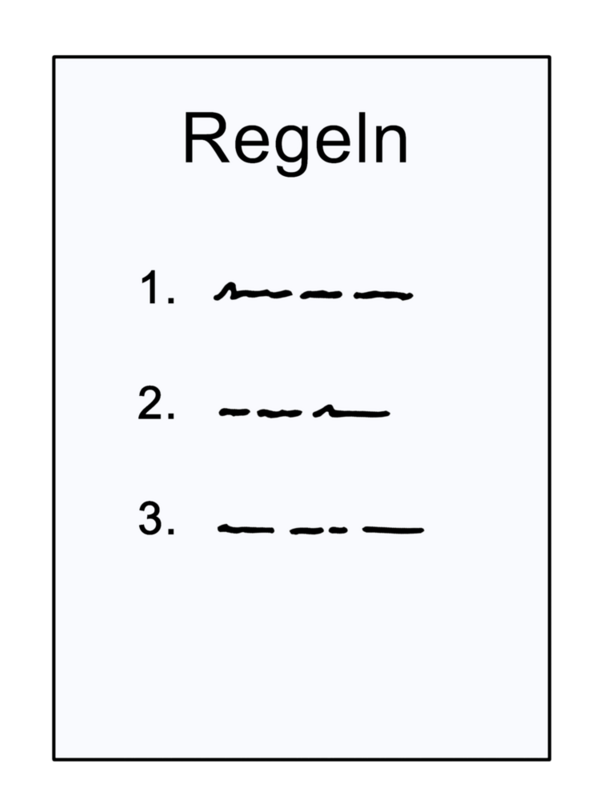 Ein Zettel auf dem groß das Wort Regeln steht und eine Liste mit drei Punkten darauf.